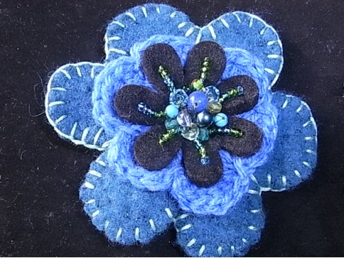 Blue wool felt & crochet flower beaded corsage